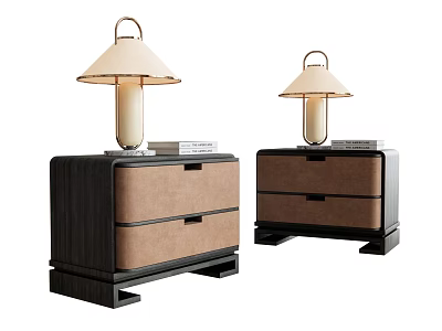 Modern Wooden Nightstands with Table Lamps Stack of Books and Storage Drawers 3d model