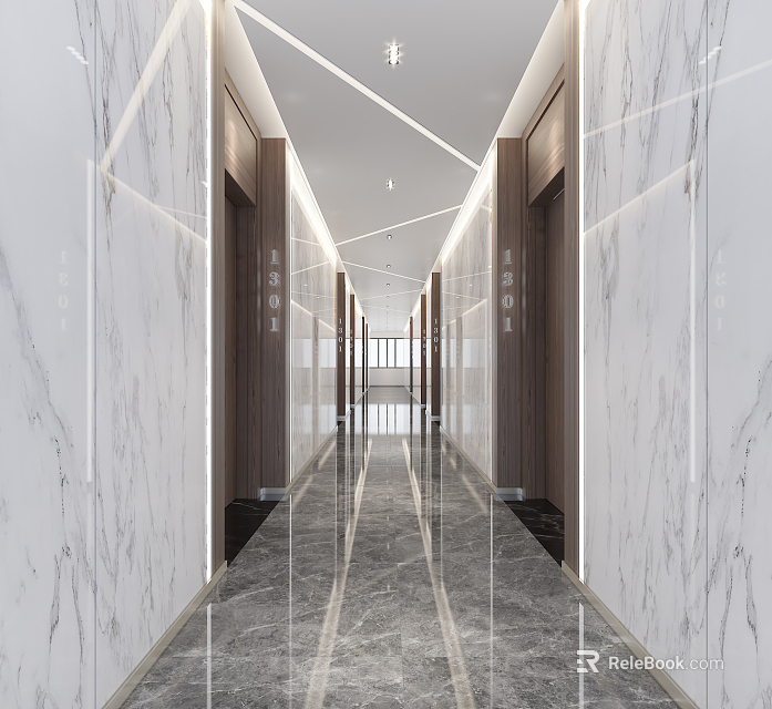 Modern Hotel Corridor With Marble Walls Floor Elevator Doors And Linear Lights 3d model 