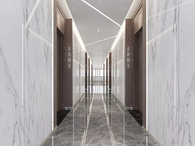 Modern Hotel Corridor With Marble Walls Floor Elevator Doors And Linear Lights 3d model