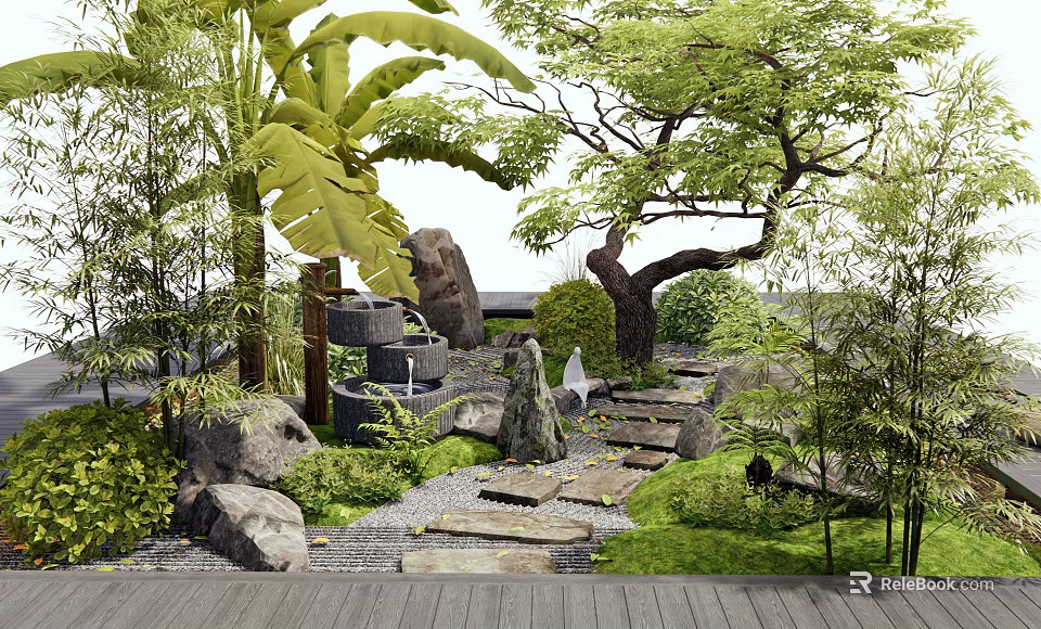 Serene Courtyard Garden With Lush Trees Decorative Rocks Stone Path And Green Lawn 3d model 