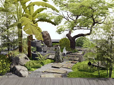 Serene Courtyard Garden With Lush Trees Decorative Rocks Stone Path And Green Lawn 3d model