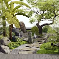 Serene Courtyard Garden With Lush Trees Decorative Rocks Stone Path And Green Lawn