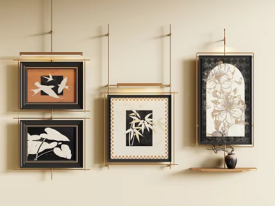 Abstract Paintings With Gold Frames On Beige Wall Featuring Bird Bamboo And Flower Patterns 3d model