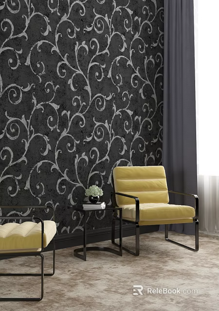 Yellow Accent Chair Featuring Black Armrests Against Black Floral Wallpaper with Flowers on Side Table 3d model 