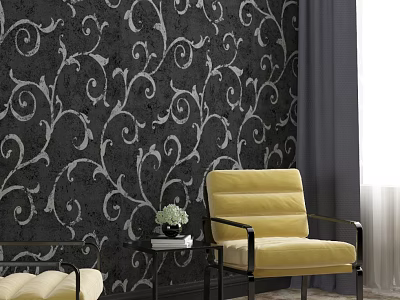 Yellow Accent Chair Featuring Black Armrests Against Black Floral Wallpaper with Flowers on Side Table 3d model