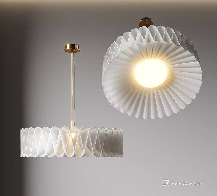 Modern White Pleated Pendant Lights With Golden Hardware And Illuminated Design For Interior Decor 3d model 