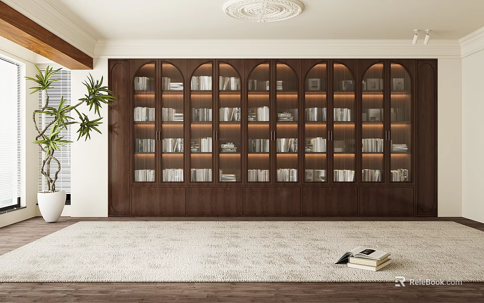 Elegant Modern Wooden Bookcase With Arched Design And Multiple Shelves Filled With Books 3d model 