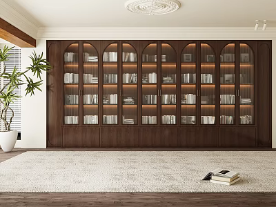 Elegant Modern Wooden Bookcase With Arched Design And Multiple Shelves Filled With Books 3d model