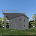 Modern Industrial Factory Building With External Stairs Yellow Railings Green Lawn And Trees