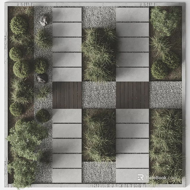 Geometric Garden Landscape Design With Concrete Slabs Wooden Sections And Lush Green Plants 3d model 