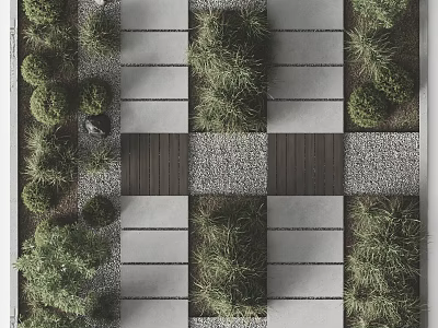 Geometric Garden Landscape Design With Concrete Slabs Wooden Sections And Lush Green Plants 3d model