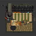 Cartoon Cottage Scene With Striped Awning Chimney Tables Chairs And Stone Pavement