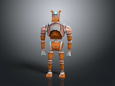 3D Robot Character With Angular Head Segmented Body Metal And Wooden Parts Silver Brown Design 3d model