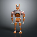 3D Robot Character With Angular Head Segmented Body Metal And Wooden Parts Silver Brown Design