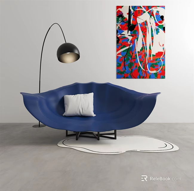 Blue Shell Shaped Single Seater Sofa With White Cushion Floor Lamp And Colorful Abstract Painting 3d model 