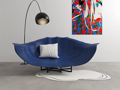 Blue Shell Shaped Single Seater Sofa With White Cushion Floor Lamp And Colorful Abstract Painting 3d model