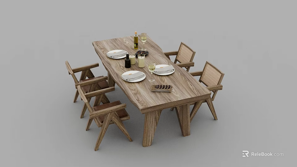 Wooden Dining Table Set with Matching Chairs and Tableware Wine Glasses Candles 3d model 