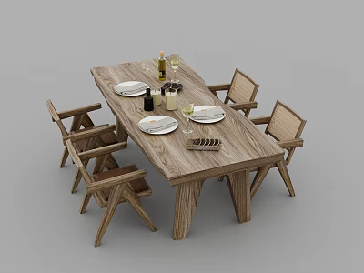 Wooden Dining Table Set with Matching Chairs and Tableware Wine Glasses Candles 3d model