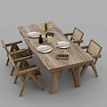 Wooden Dining Table Set with Matching Chairs and Tableware Wine Glasses Candles