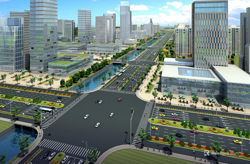 Modern Urban Road Infrastructure With Intersections Green Belts And Street Lamps In City 3d model 