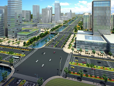Modern Urban Road Infrastructure With Intersections Green Belts And Street Lamps In City 3d model