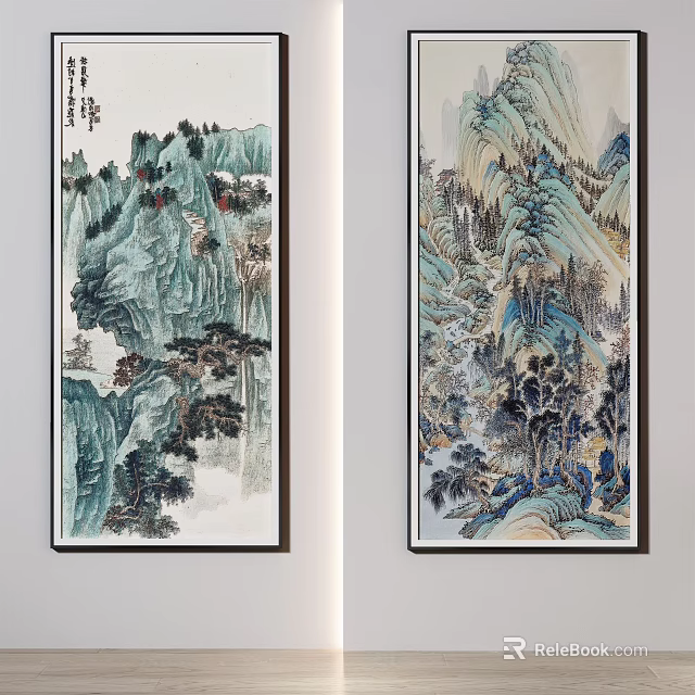 Traditional Chinese Landscape Paintings Featuring Mountains Trees And Water Elements 3d model