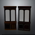 Classic Dark Wooden Display Cabinets With Glass Doors And Decorative Trim Details