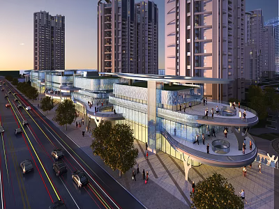Urban Commercial Street With Modern Architecture High Rise Buildings Pedestrians And Vehicles 3d model