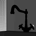 Classic Brass Kitchen Faucet With Double Handles On Black Countertop Near Window Blinds
