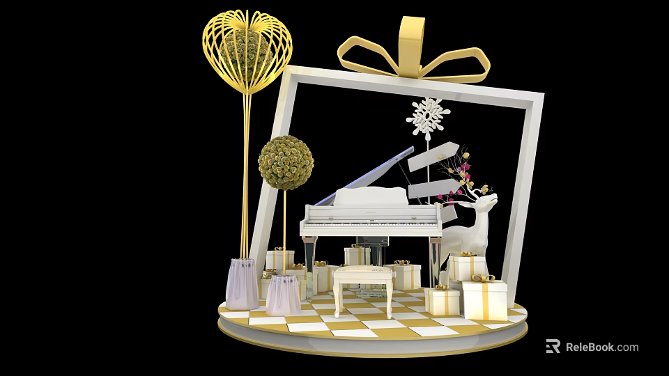 Decorative Scene Featuring White Piano Gold Gift Boxes Deer And Geometric Frame 3d model