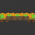 Yellow Traffic Barriers With Green Arrow Signs And Brown Fence On Wheeled Bases