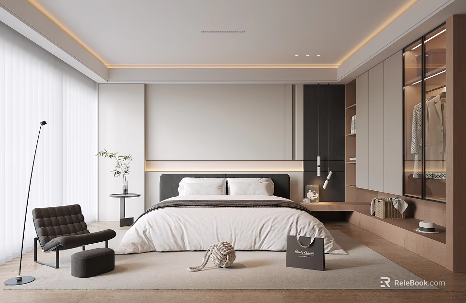 Modern Bedroom Interior Design With White Bedding Black Headboard Floor Lamp And Glass Wardrobe 3d model 