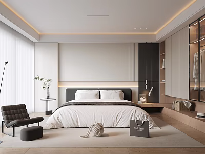 Modern Bedroom Interior Design With White Bedding Black Headboard Floor Lamp And Glass Wardrobe 3d model