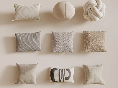 Decorative Throw Pillows In Neutral Tones Featuring Various Textures Letter Print And Geometric Patterns 3d model