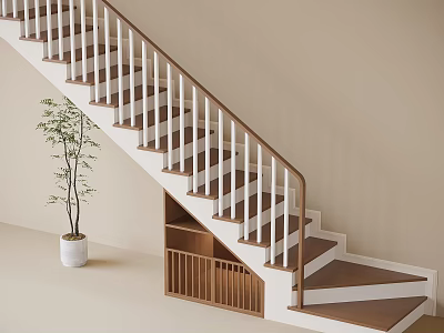 Modern Staircase With Wooden Steps White Railings Potted Plant And Slatted Shelf On Beige Wall 3d model