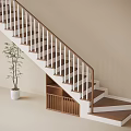 Modern Staircase With Wooden Steps White Railings Potted Plant And Slatted Shelf On Beige Wall