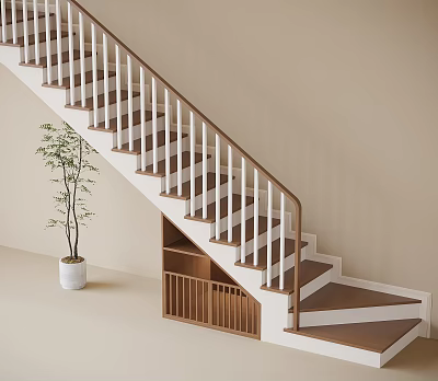 Modern Staircase With Wooden Steps White Railings Potted Plant And Slatted Shelf On Beige Wall 3d model