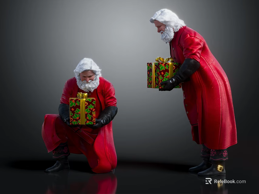 Facial Organs And White Hair Of Santa Claus Figures In Red Costumes Holding Gifts 3d model 