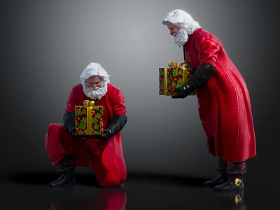 Facial Organs And White Hair Of Santa Claus Figures In Red Costumes Holding Gifts 3d model