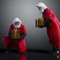 Facial Organs And White Hair Of Santa Claus Figures In Red Costumes Holding Gifts
