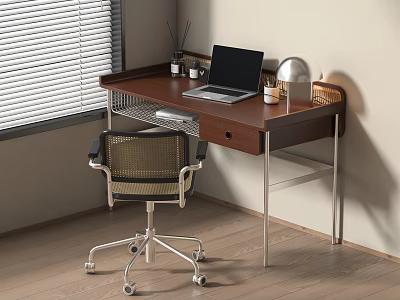 Modern Wooden Desk by Window with Laptop Stationery and Mesh Office Chair 3d model