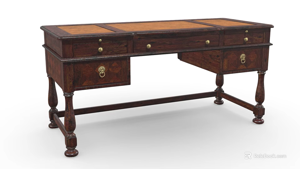 Antique Wooden Desk Featuring Multiple Drawers Brass Handles and Decorative Legs 3d model 