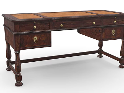 Antique Wooden Desk Featuring Multiple Drawers Brass Handles and Decorative Legs 3d model