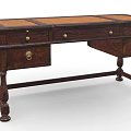 Antique Wooden Desk Featuring Multiple Drawers Brass Handles and Decorative Legs