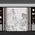 Elegant Modern Decorative Cabinet With Mountain Landscape Mural And Ceramic Ornaments