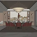 Traditional Chinese Private Dining Room With Round Table Chairs Chandelier And Wall Art