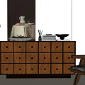 Wooden Entryway Cabinet Sideboard With Multiple Drawers Floor Lamp Painting Books And Bowl On Top