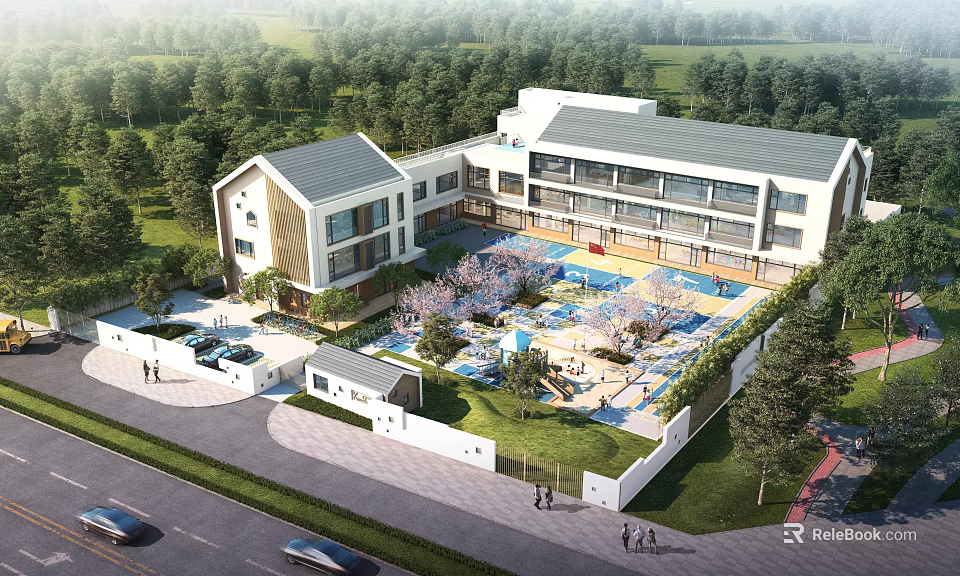 Modern School Building Exterior With Greenery Playground Parking Area And Surrounding Trees 3d model 
