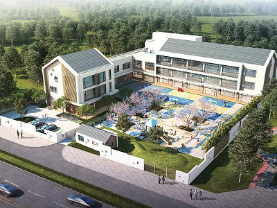 Modern School Building Exterior With Greenery Playground Parking Area And Surrounding Trees 3d model