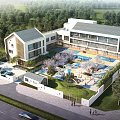 Modern School Building Exterior With Greenery Playground Parking Area And Surrounding Trees